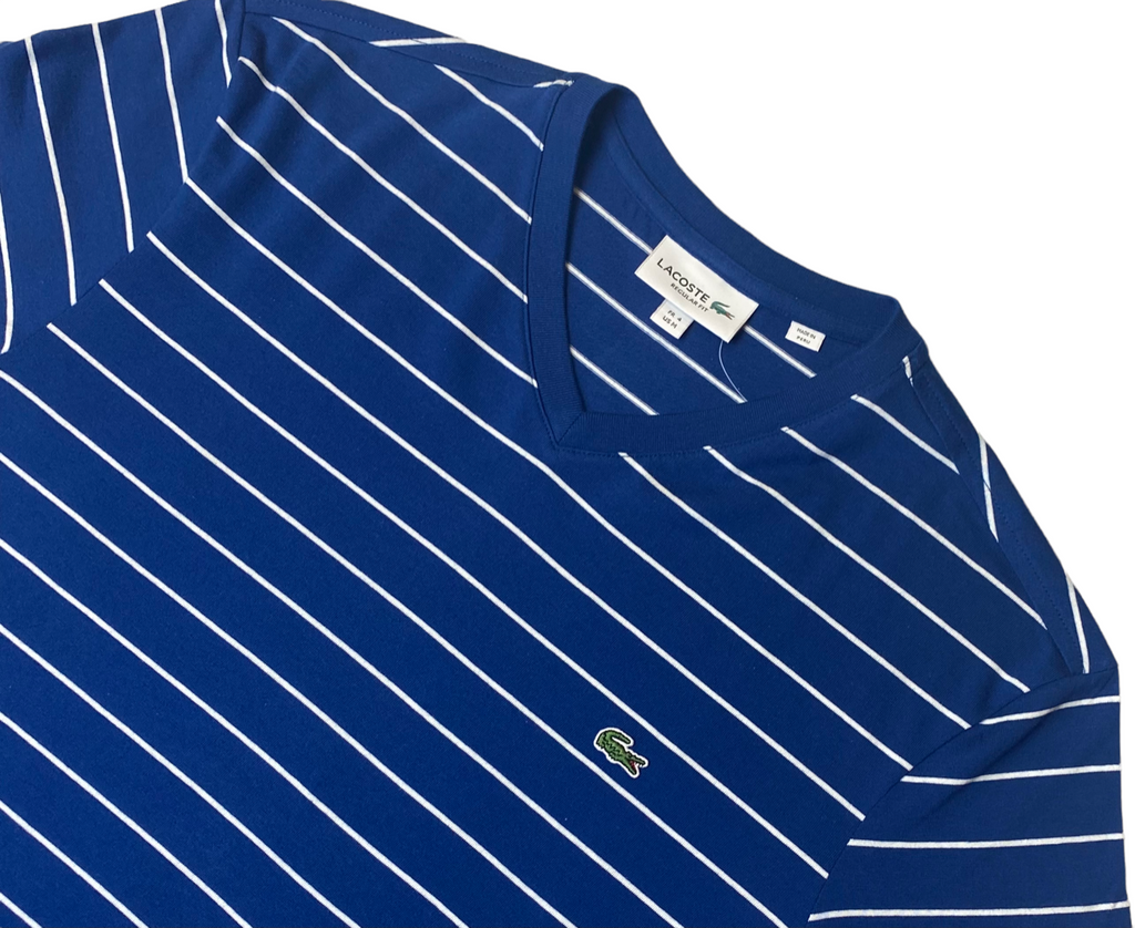Lacoste Mens Striped V-Neck Regular Fit T-Shirt - Marino / White - XL - TH3243-51-PQ5